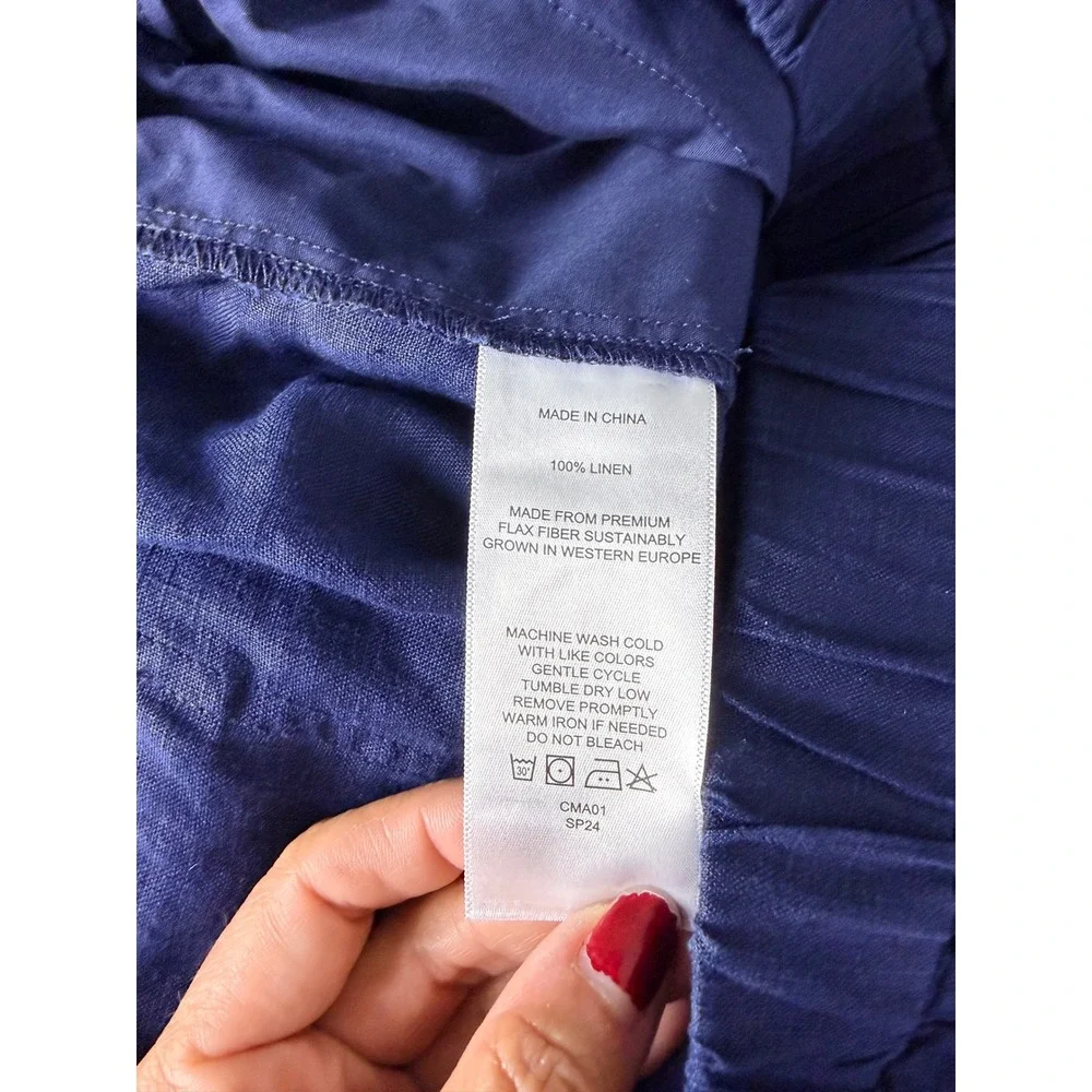 Quince 100% European Linen Pants Women L Deep Navy Blue Elastic Waist Pockets